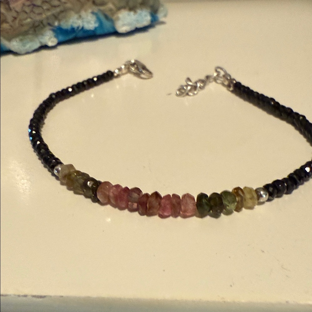 Tourmaline Beads with Black Spinels Bracelet. Sterling Silver.  Adjustable